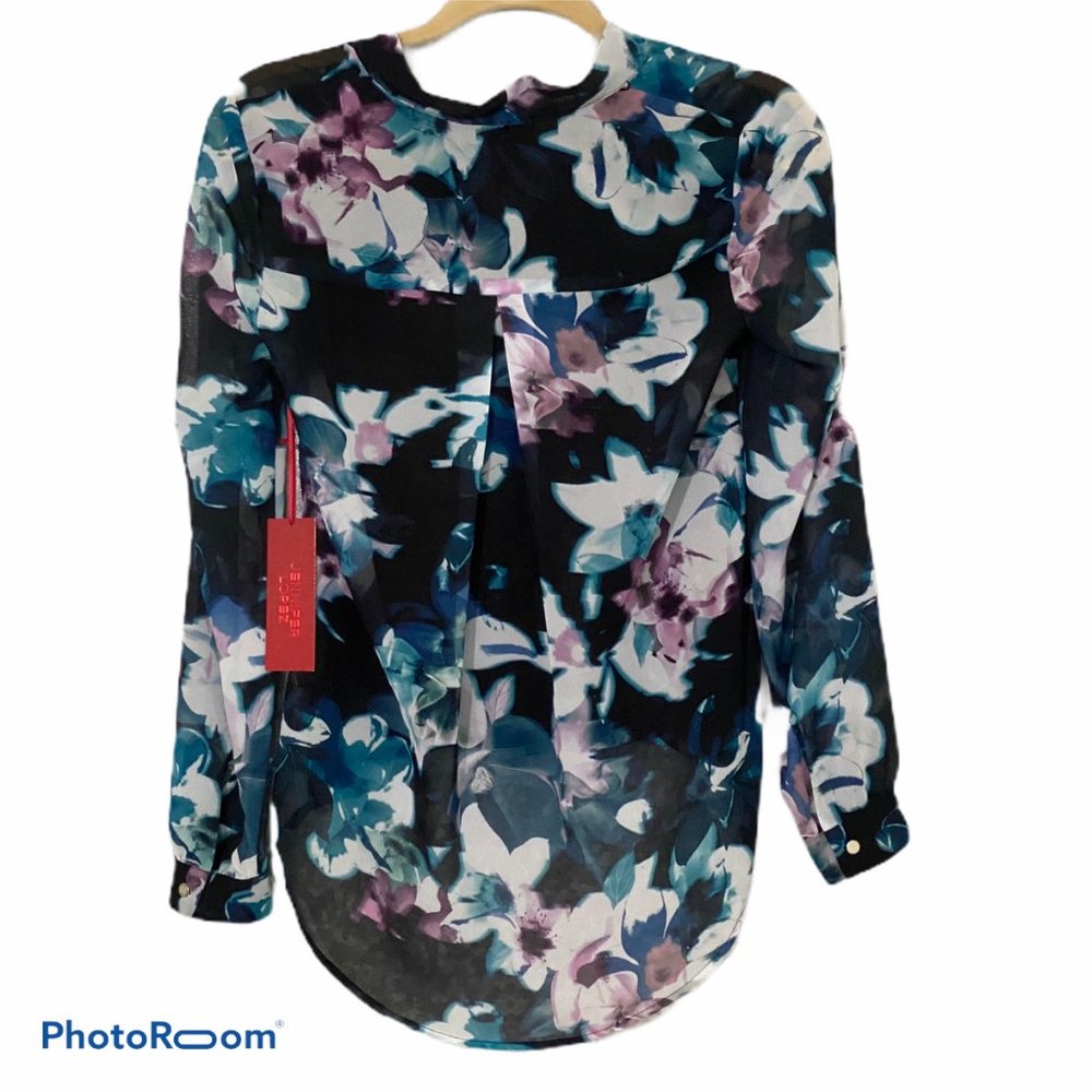 Jennifer Lopez long sleeve Drape Front high low floral Blouse Top Extra Small
